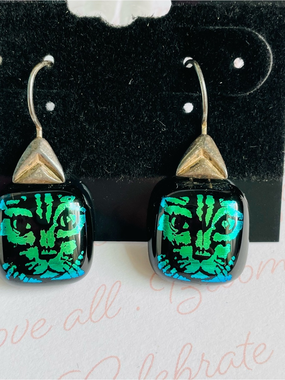 Vintage Dichroic Glass Cat Face Drop Pierced Earrings 1"